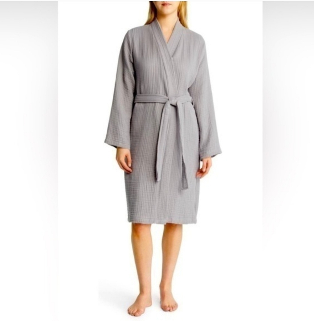 Parachute Cloud Cotton Seersucker Gray Waffle Knit Robe Size M Unisex